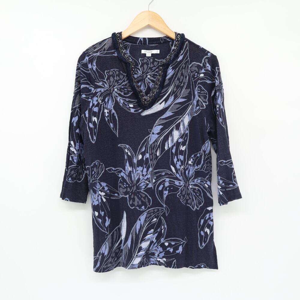 Chicos Women's Linen Floral Beaded Tunic Top Navy Blue 3/4 Sleeve Size 2 US L
